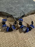 Silver-tone, Blue, and Black Beaded Hoop Dangle Earrings – 1.5” Diameter