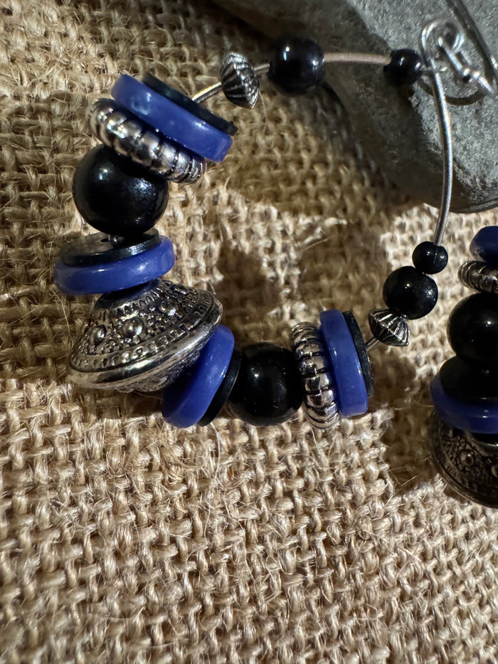 Silver-tone, Blue, and Black Beaded Hoop Dangle Earrings – 1.5” Diameter