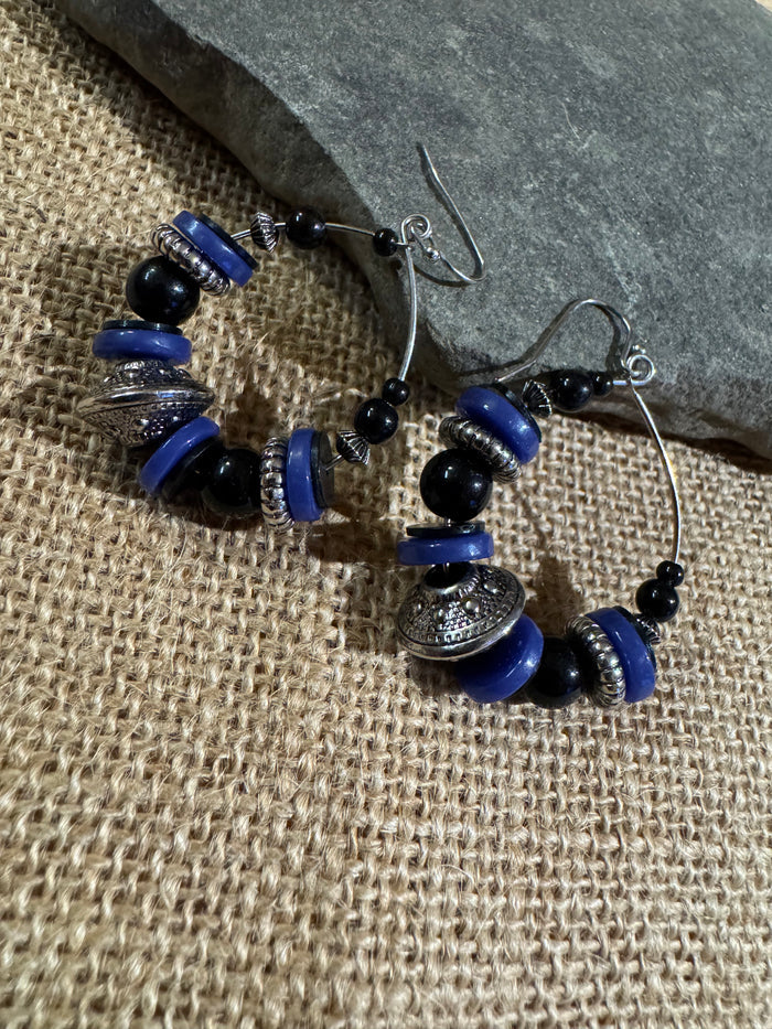 Silver-tone, Blue, and Black Beaded Hoop Dangle Earrings – 1.5” Diameter