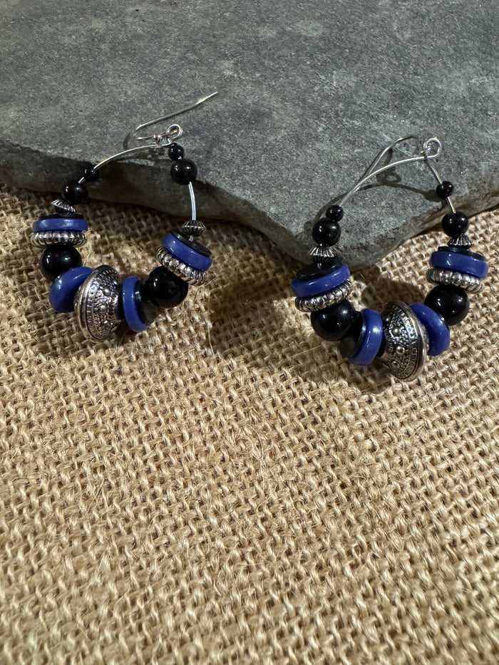 Silver-tone, Blue, and Black Beaded Hoop Dangle Earrings – 1.5” Diameter