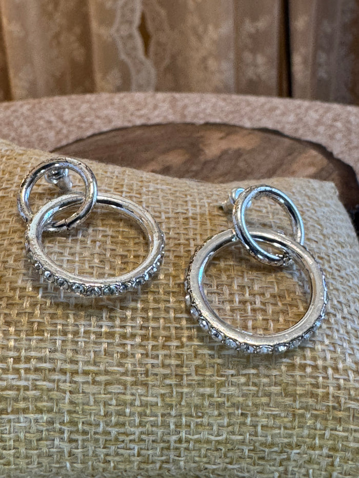 Silver Tone Double Hoop with Rhinestones Earrings