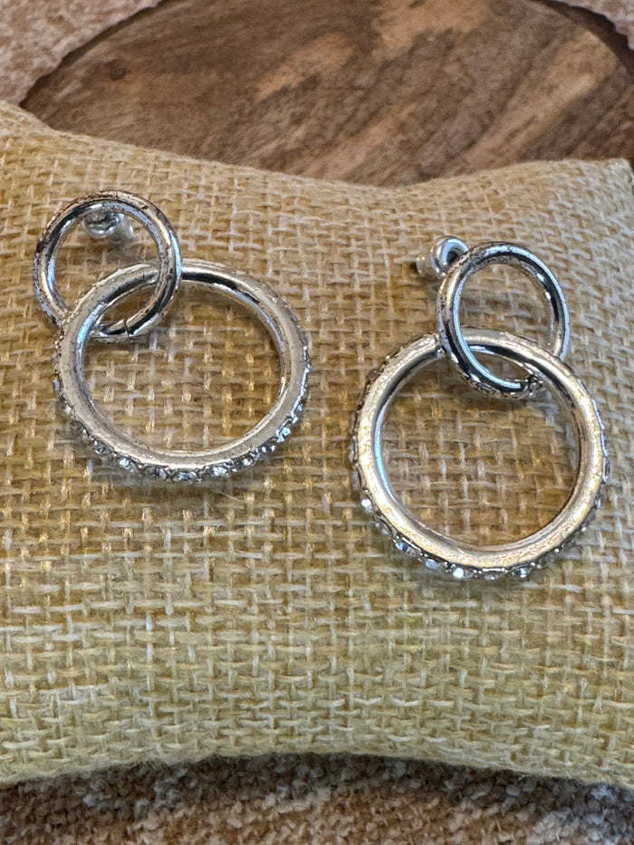 Silver Tone Double Hoop with Rhinestones Earrings