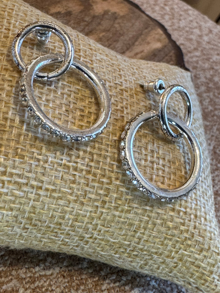 Silver Tone Double Hoop with Rhinestones Earrings