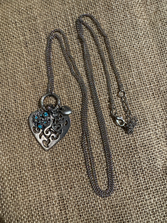 Silver-Tone Filigree Heart Pendant Necklace with Blue Crystal Accents
