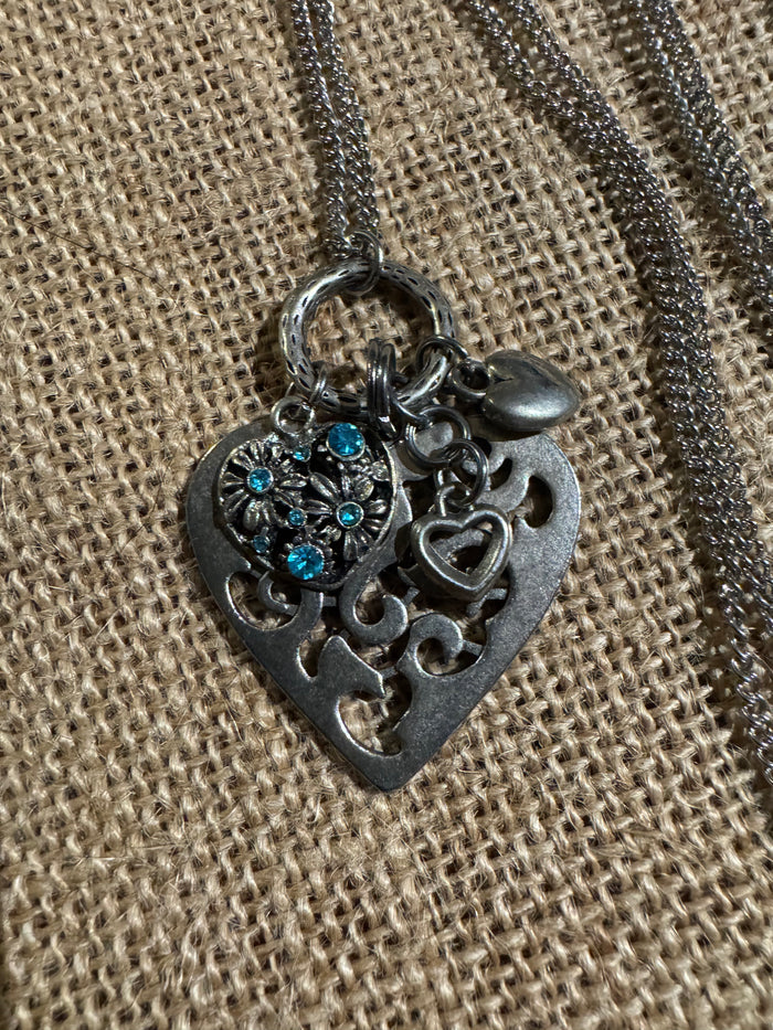 Silver-Tone Filigree Heart Pendant Necklace with Blue Crystal Accents