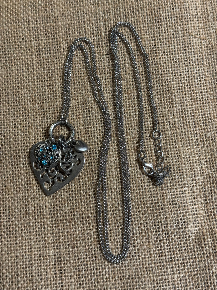 Silver-Tone Filigree Heart Pendant Necklace with Blue Crystal Accents