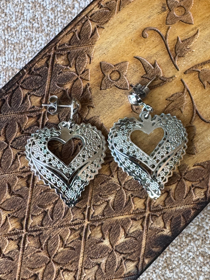 Silver-Tone Heart Filigree Dangle Earrings