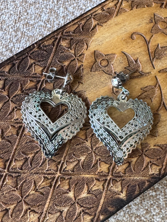 Silver-Tone Heart Filigree Dangle Earrings