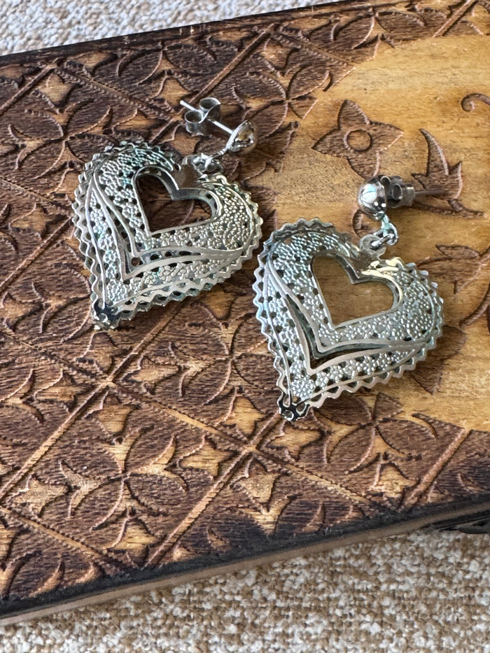 Silver-Tone Heart Filigree Dangle Earrings