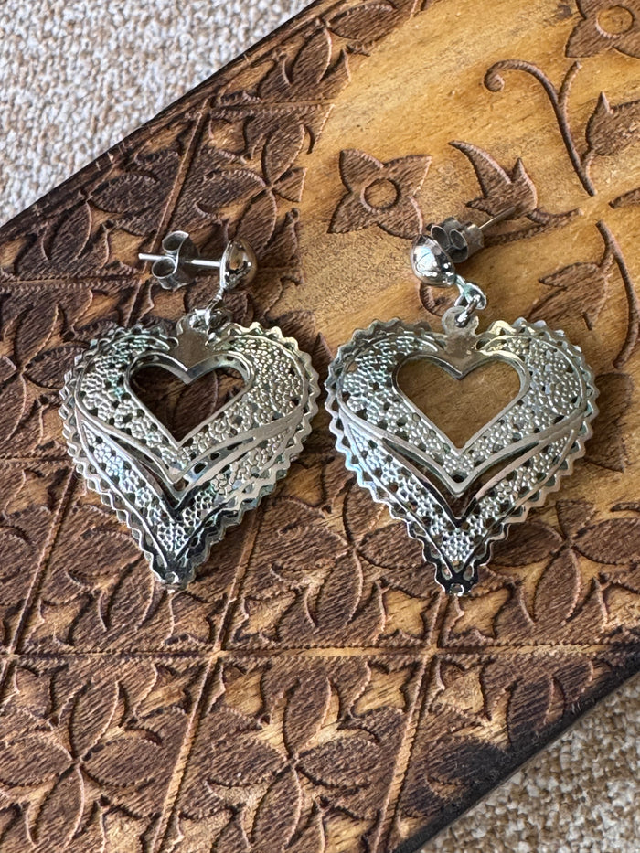 Silver-Tone Heart Filigree Dangle Earrings