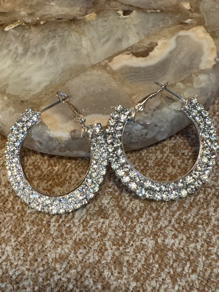 Silver Tone Rhinestone Hoop Earrings