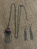 Silver-Tone Tassel Necklace and Earring Set with Pink Accent Stone