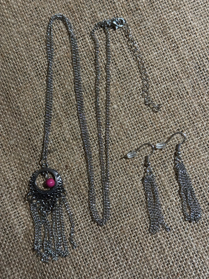 Silver-Tone Tassel Necklace and Earring Set with Pink Accent Stone