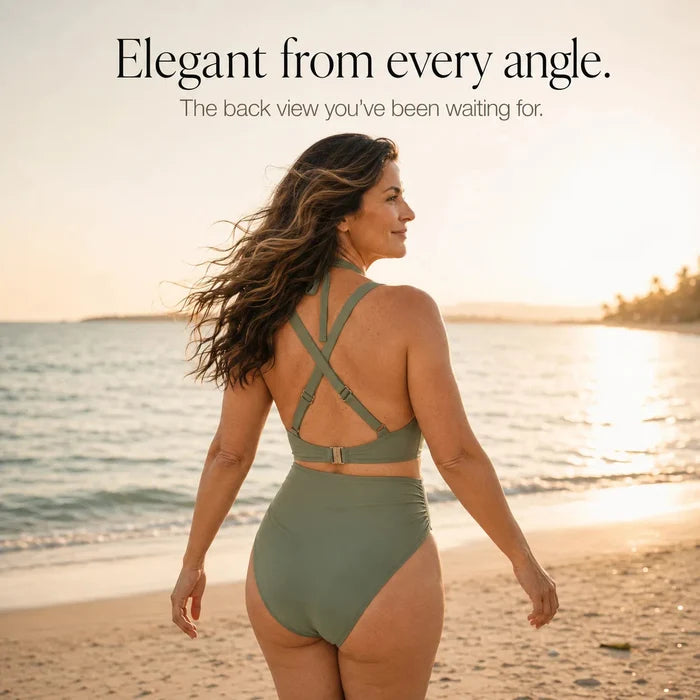 Sirella – Ruched Tummy Control Halter Swimsuit with Mesh V-Neck