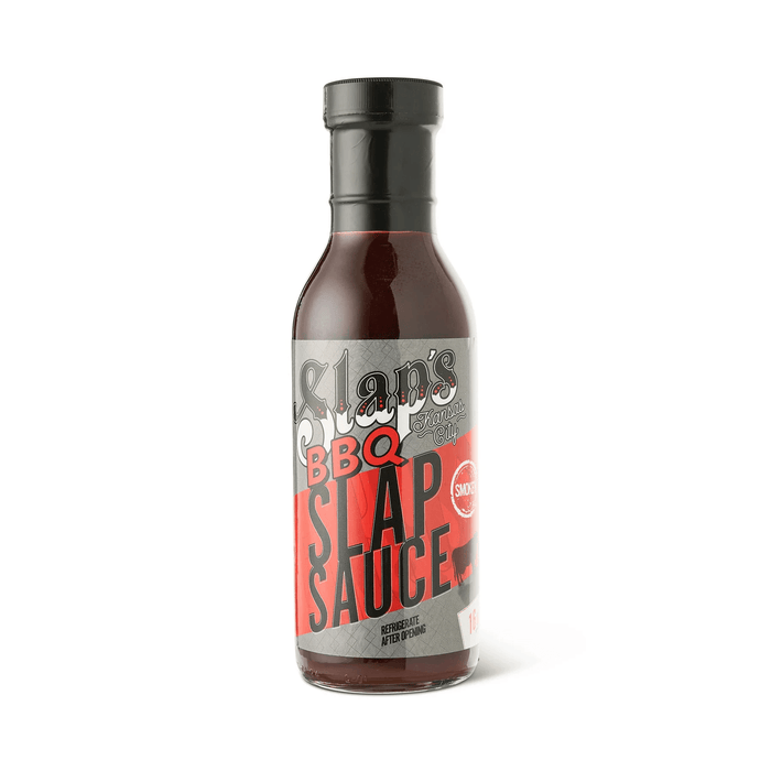 Slap's BBQ Smokey BBQ Sauce bottle showcasing rich color and unique label design.