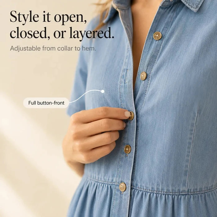Soléa – Women's Shirt Dress with Pockets, A-Line Midi, Button Down