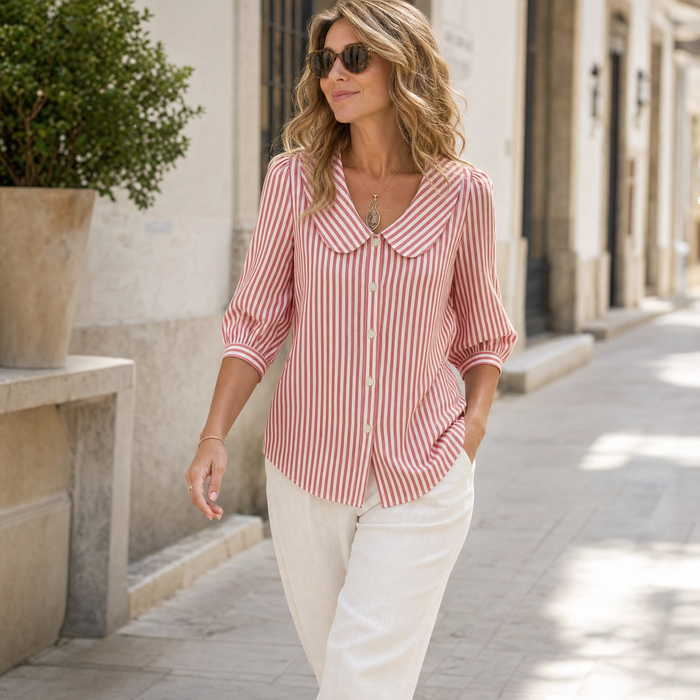 Solène Striped Sailor Collar Blouse with Puff Sleeves