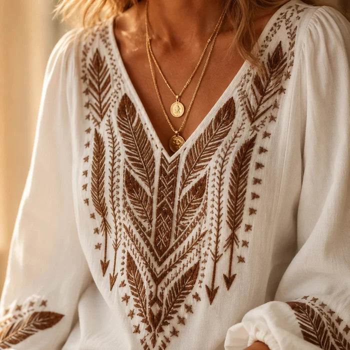 Soluna – Boho Blouse, V-Neck, Balloon Sleeve