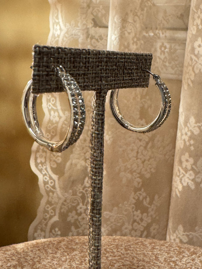Split Hoop Silkver Tone Earrings with Pave Crystal Accents