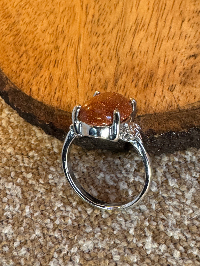 Sunstone Cabochon Ring – Silver Plated – Oval Sparkling Stone - Size 7.5