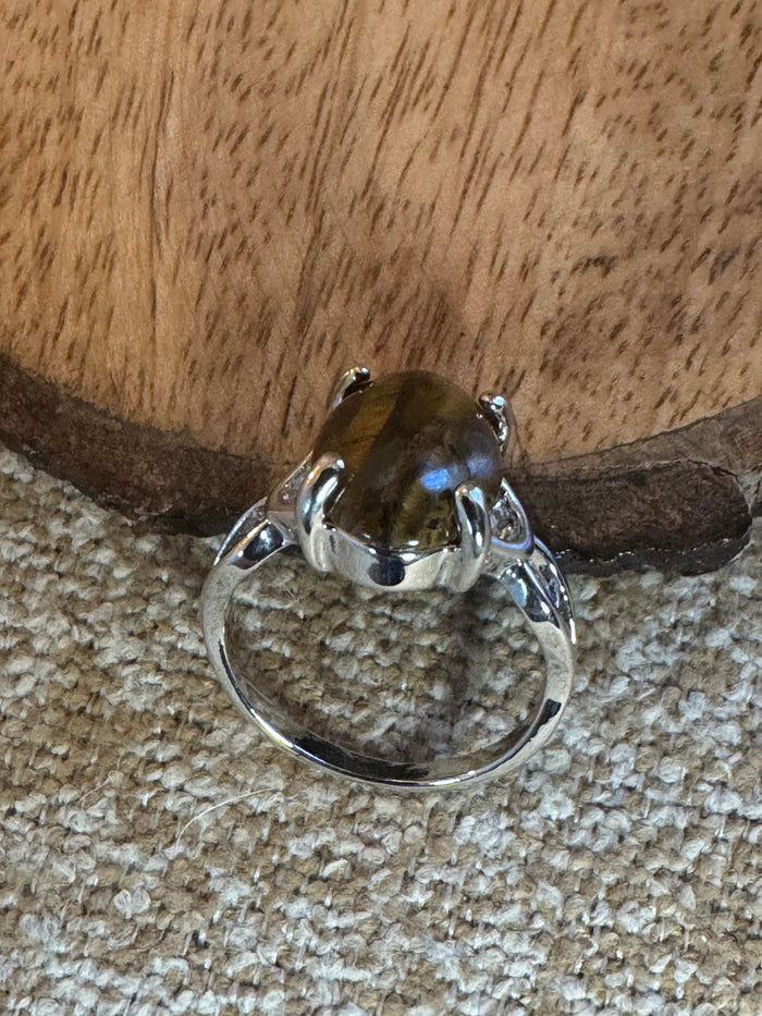 Tiger’s Eye Oval Ring – Silver-Plated Vintage Style – Size 9