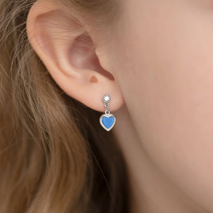 Turquoise CZ Heart Dangle Kids / Teen Earrings - Sterling Silver