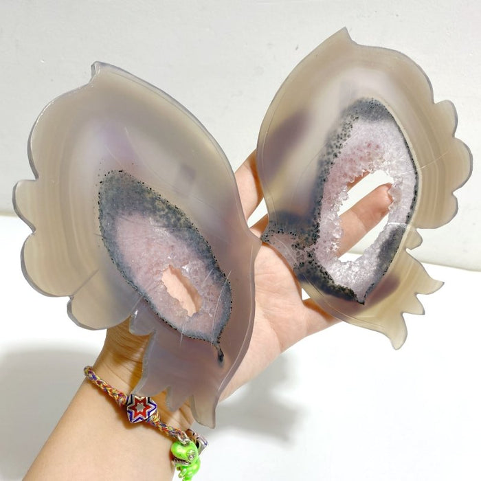 Unique Geode Druzy Agate Butterfly Wing Carving With Stand -Wholesale Crystals