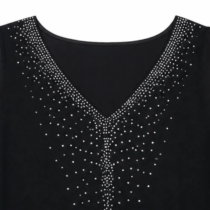 Velora – Rhinestone Look V-Neck Chiffon Like Cape Midi Dress