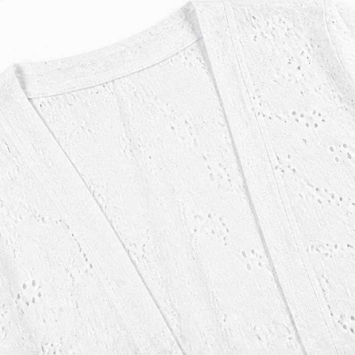 Veluna – Lightweight Eyelet Open-Front Cardigan for Women, 3/4 Sleeve Ruffle Hem Summer Layer