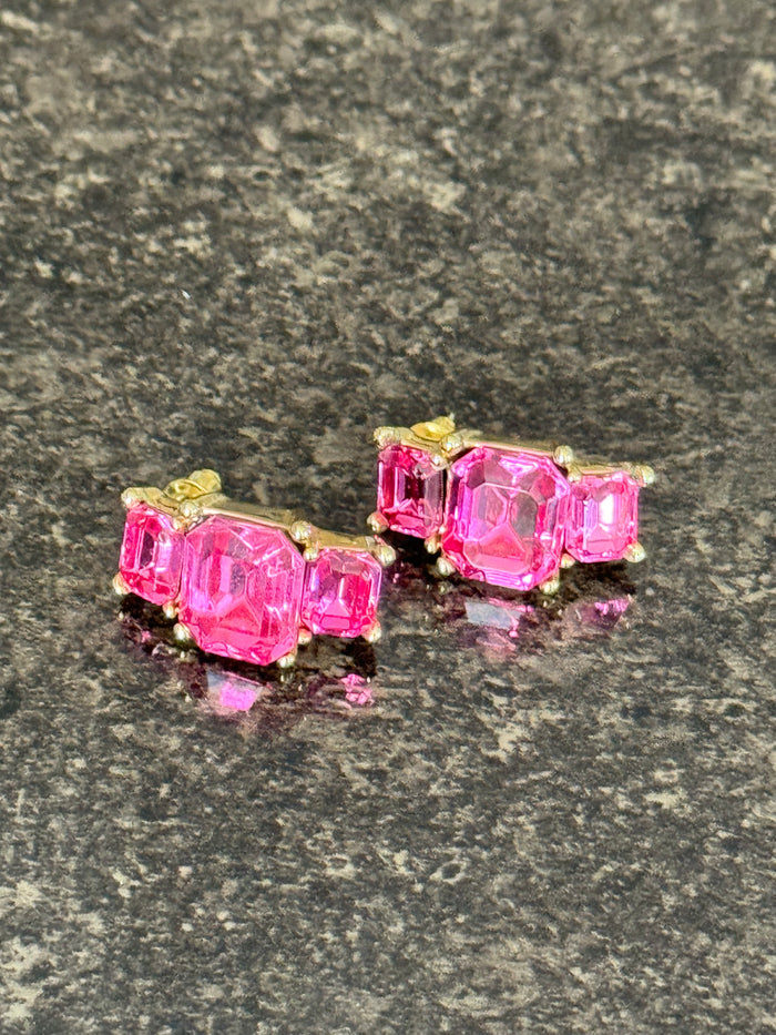 Vibrant Mid-Century Glamour: Watermelon Pink Emerald-Cut Statement Studs