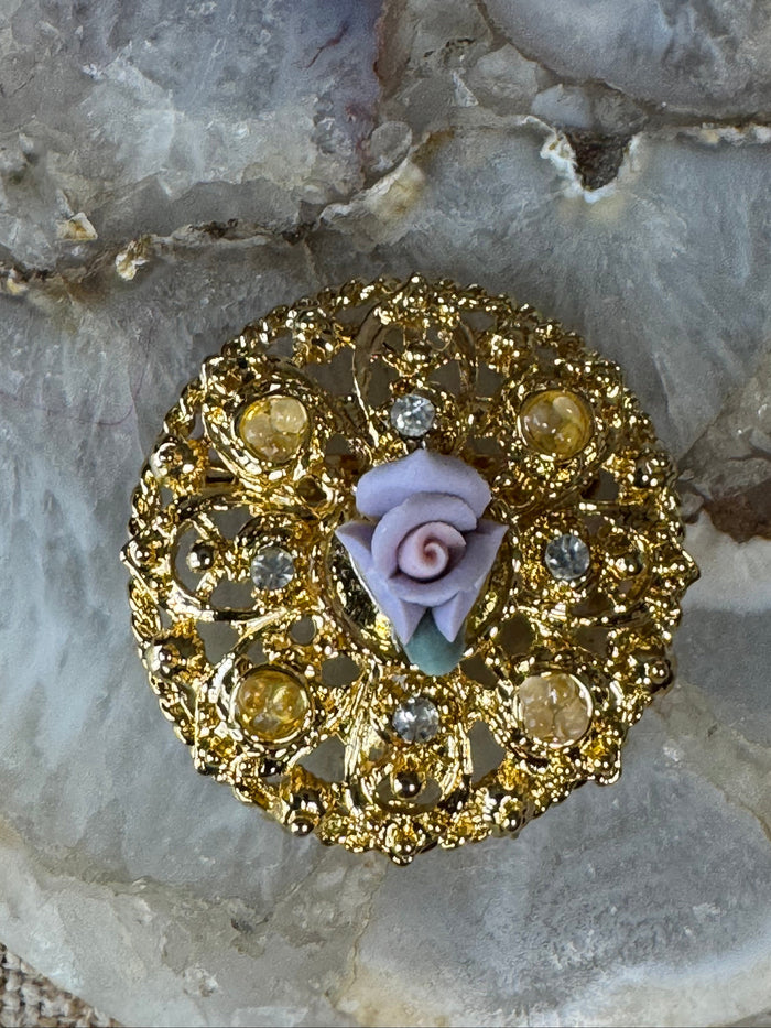 Victorian-Inspired Purple Rose Filigree Brooch on A Sting of Faux Pearls — Romantic Floral Detail & Timeless Elegance  Discover a pi