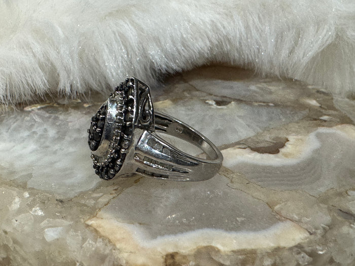 Vintage Black & White Diamond Pear Cluster Ring in Sterling Silver - Size 7.5