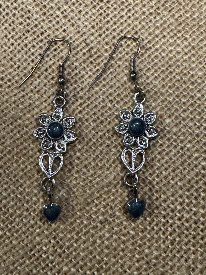 Vintage Blue Crystal Heart Filigree Dangle Earrings