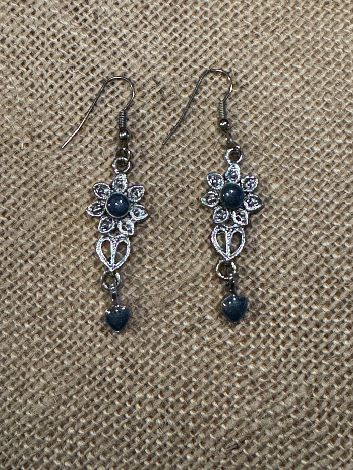 Vintage Blue Crystal Heart Filigree Dangle Earrings