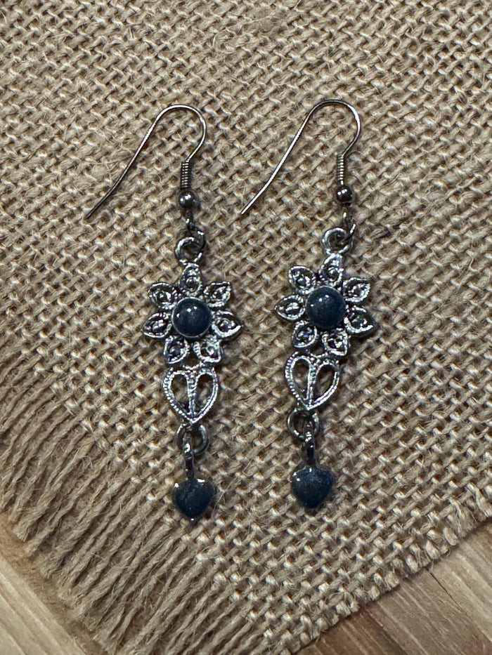 Vintage Blue Crystal Heart Filigree Dangle Earrings