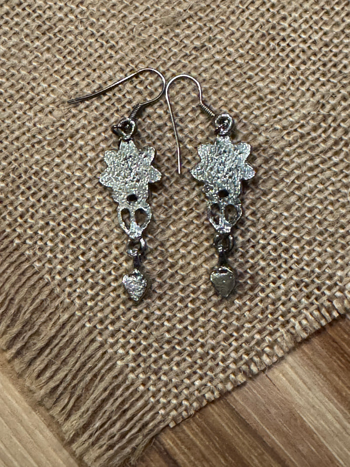 Vintage Blue Crystal Heart Filigree Dangle Earrings