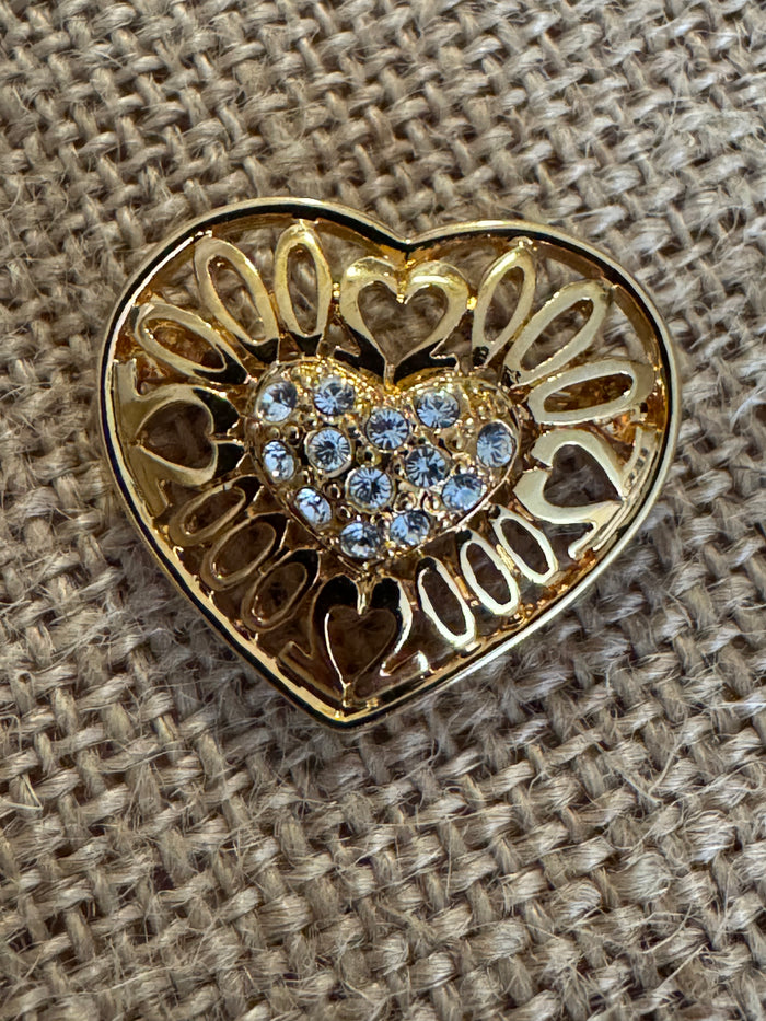 Vintage Boho 25th Wedding Anniversary Heart Brooch Pin – Gold with Clear Rhinestones -Rare Find