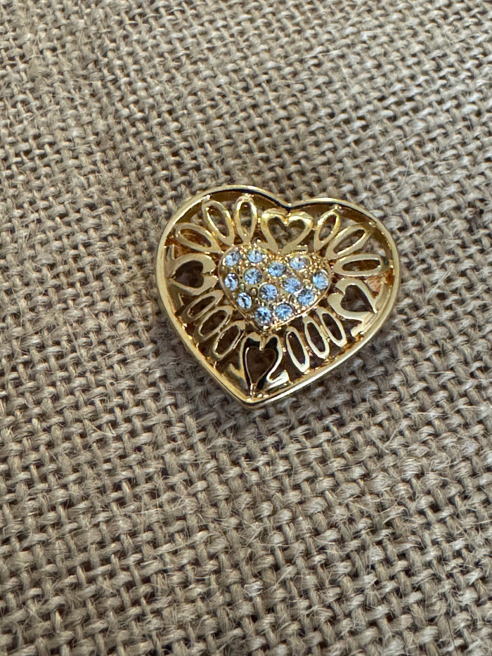 Vintage Boho 25th Wedding Anniversary Heart Brooch Pin – Gold with Clear Rhinestones -Rare Find