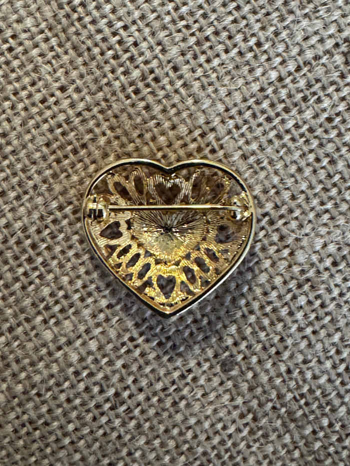 Vintage Boho 25th Wedding Anniversary Heart Brooch Pin – Gold with Clear Rhinestones -Rare Find