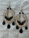 Vintage Boho Gold Tone Black Bead Chandelier Dangle Earrings