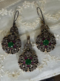 Vintage Boho Turkish Earrings and Pendant – Emerald, Topaz and CZ, 925 Sterling Silver