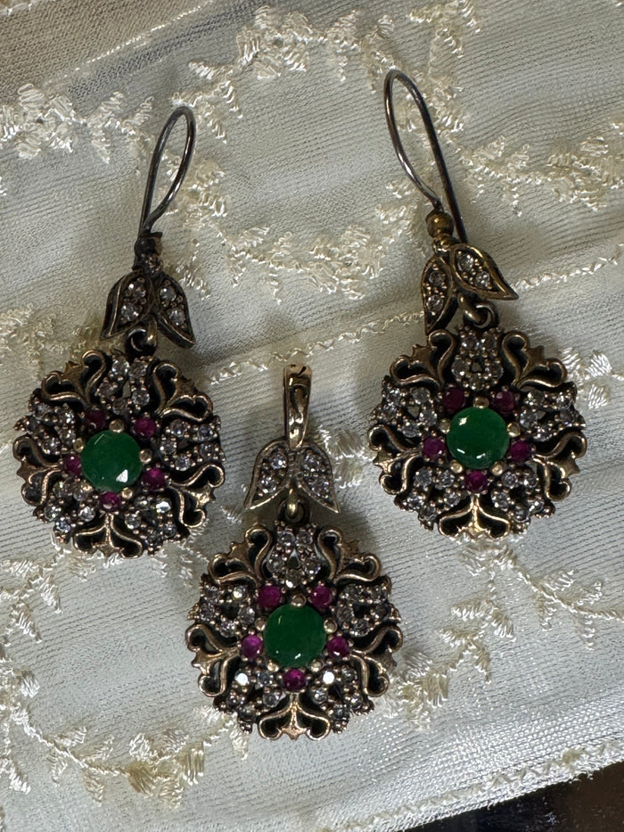 Vintage Boho Turkish Earrings and Pendant – Emerald, Topaz and CZ, 925 Sterling Silver