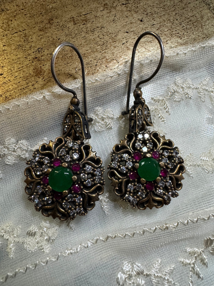 Vintage Boho Turkish Earrings and Pendant – Emerald, Topaz and CZ, 925 Sterling Silver