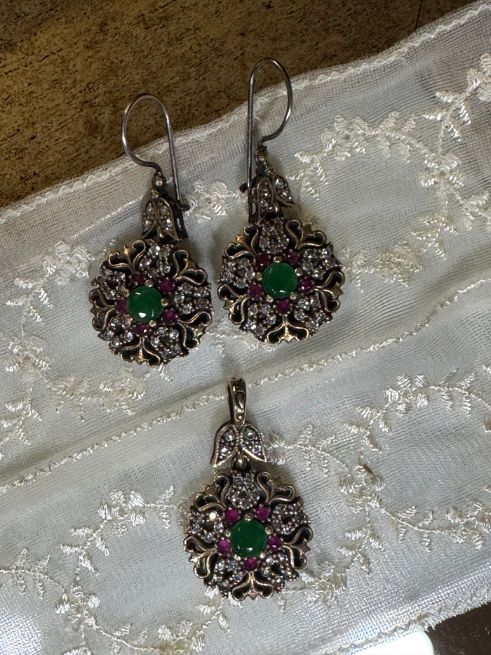 Vintage Boho Turkish Earrings and Pendant – Emerald, Topaz and CZ, 925 Sterling Silver