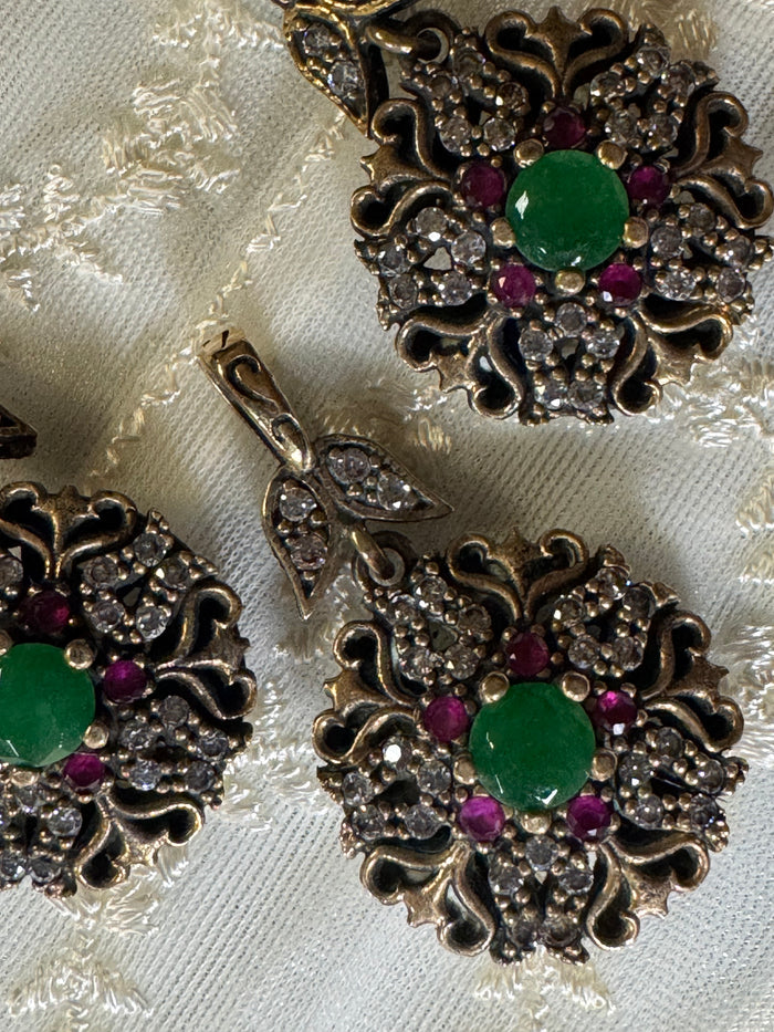 Vintage Boho Turkish Earrings and Pendant – Emerald, Topaz and CZ, 925 Sterling Silver