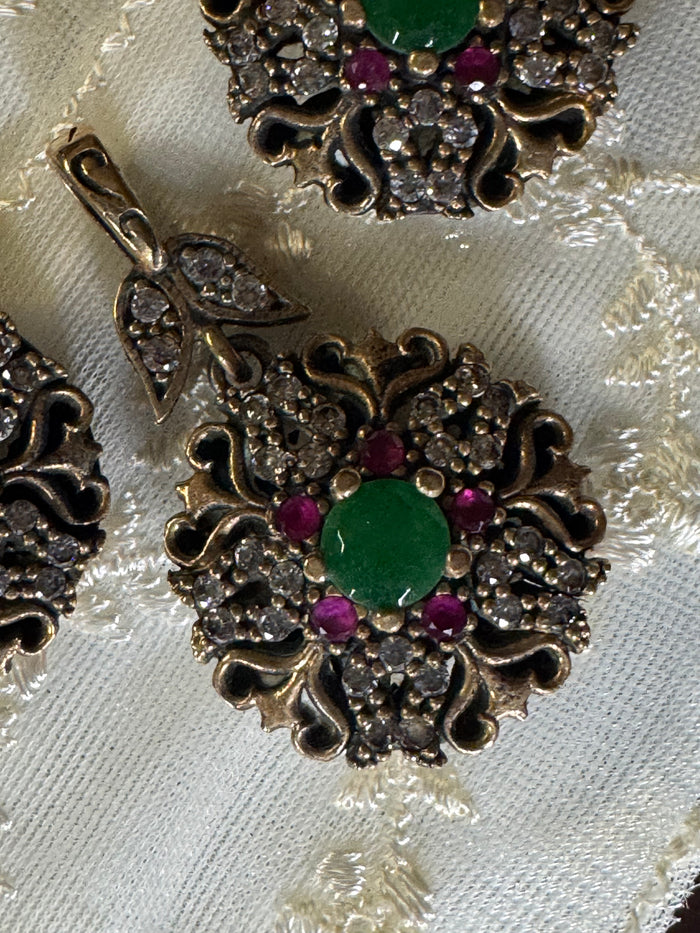 Vintage Boho Turkish Earrings and Pendant – Emerald, Topaz and CZ, 925 Sterling Silver