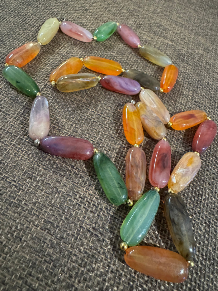 Vintage Faux Agate Lucite Bead Necklace – 28" Statement Length