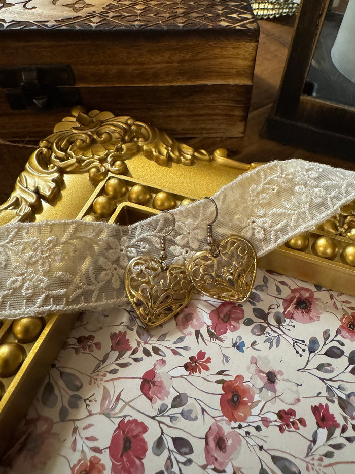 Vintage Gold-Tone Filigree Heart Dangle Earrings