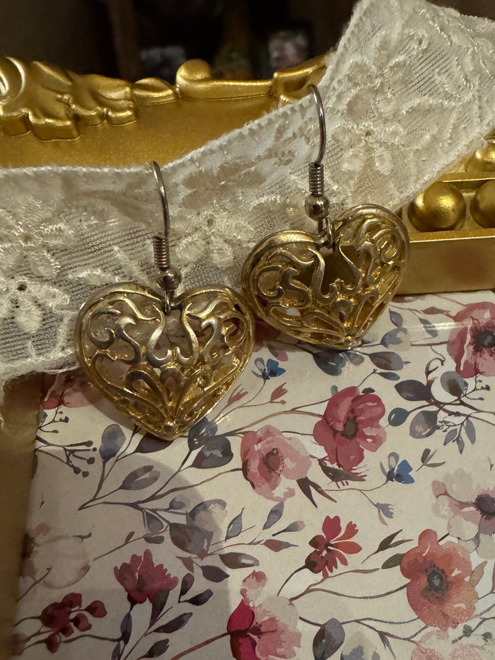 Vintage Gold-Tone Filigree Heart Dangle Earrings