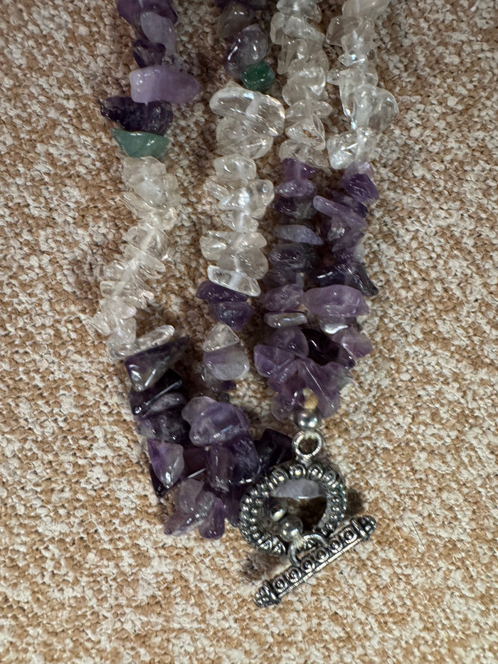 Vintage One-of-a-Kind Amethyst & Quartz Gemstone Necklace with Rose Quartz Pendant